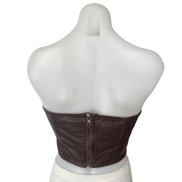 Shein Brown Strapless Belted Tube Faux Leather Vegan Corset Bustier Crop Top 2 - Picture 2 of 5